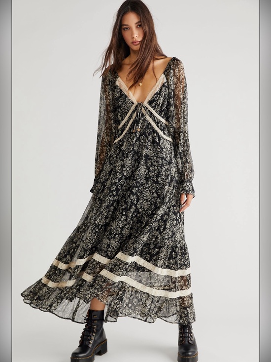 Free People Dresses & Skirts - Free People Black Floral Maxi Dress with Cream Trim